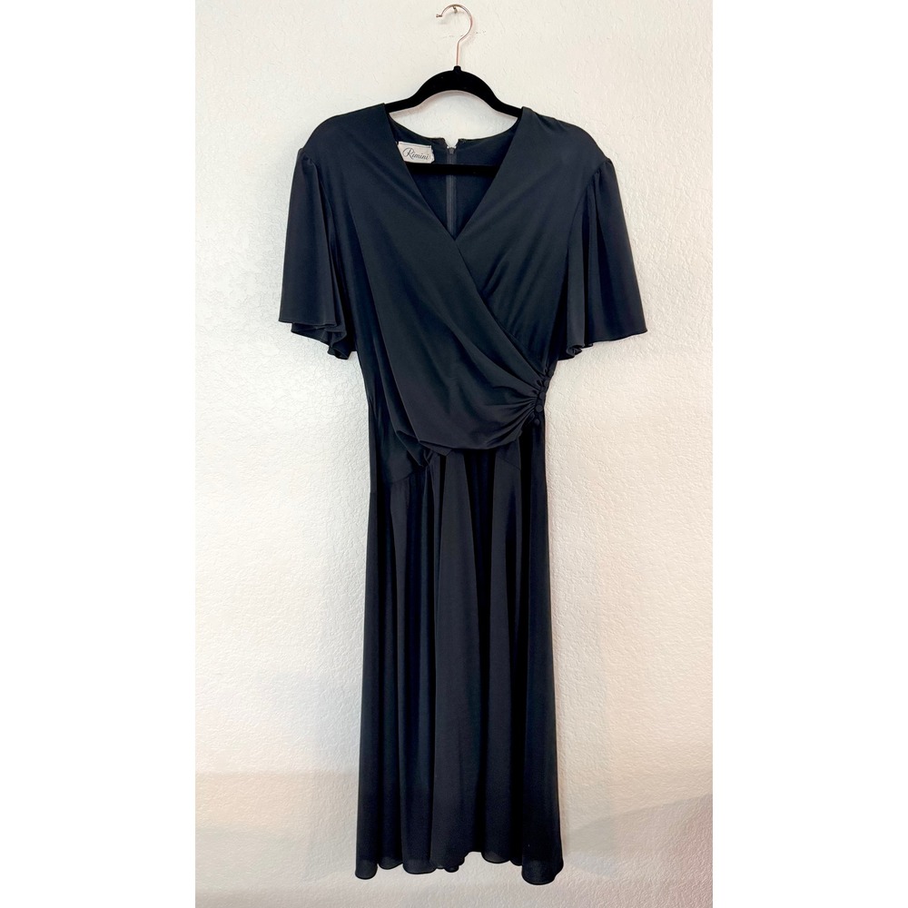 Vintage Rimini Black Wrap Dress Ruched Waist Side Buttons Flutter Sleeves